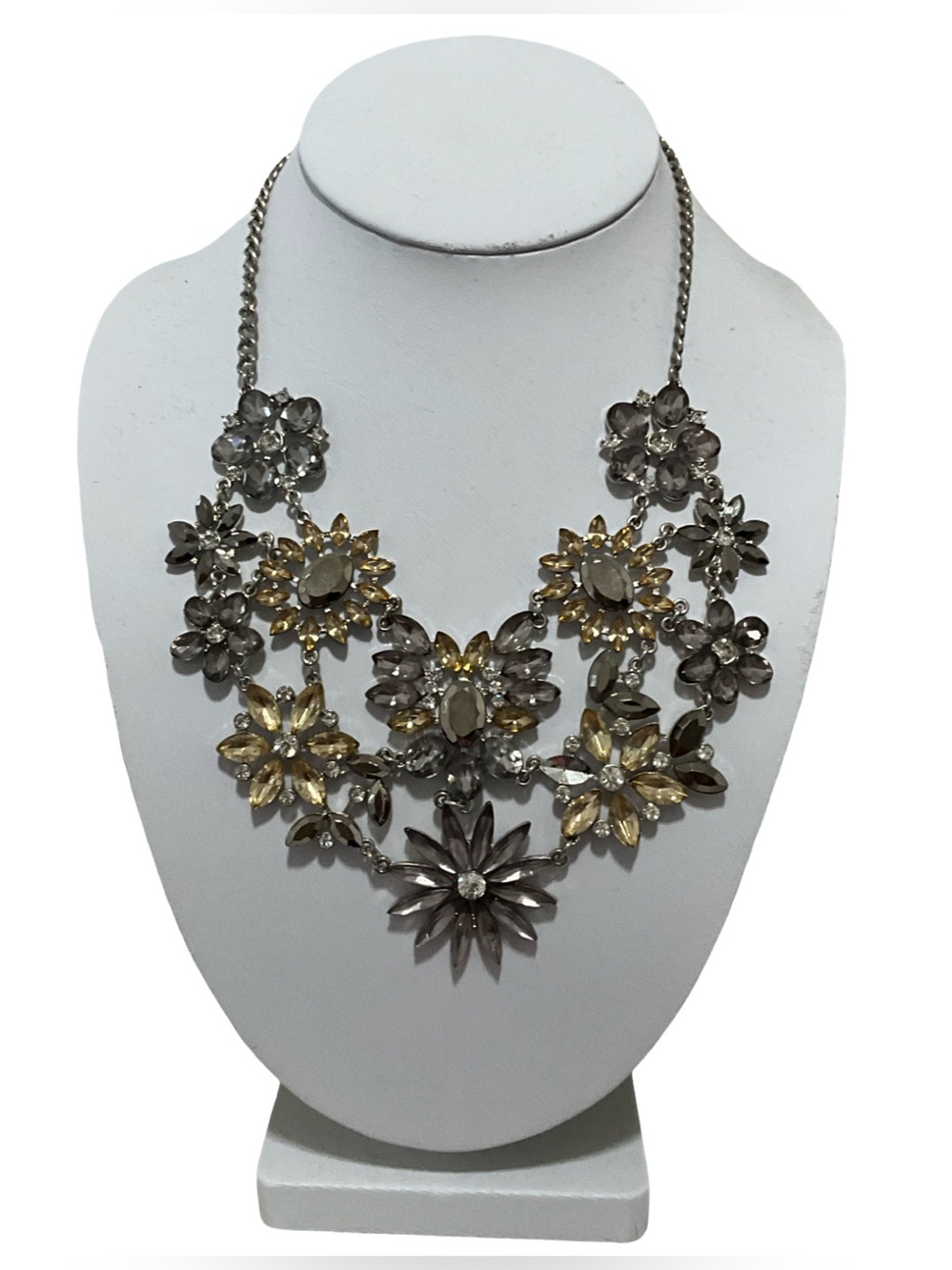 New York & Company Floral Rhinestone Statement Bib Necklace Crystal
